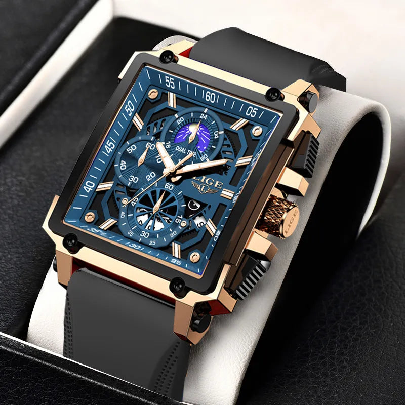 New LIGE Mens Watches Top Brand Luxury Hollow Square Sport Watch For Men Fashion Silicone Strap Waterproof Quartz WristWatch+Box