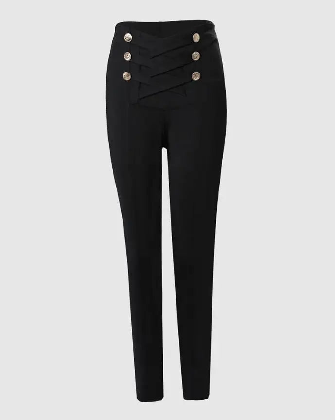 Women's Pants High Waist Trousers 2023 Button Decoration Office Solid Color Elegant Hip Lifting Leggings Skinny Pencil Pants