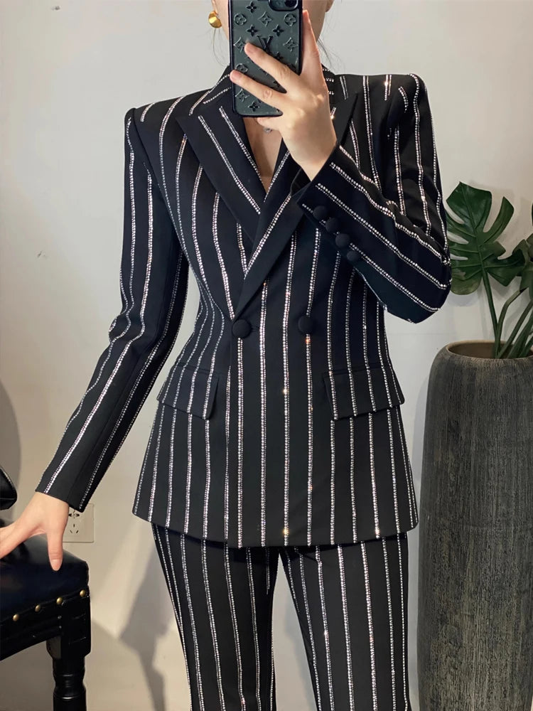 Luxury Striped 2 piece set for women Rhinestone double breasted blazer And Flare pants 2024 Autumn winter Office lady suit 4O083