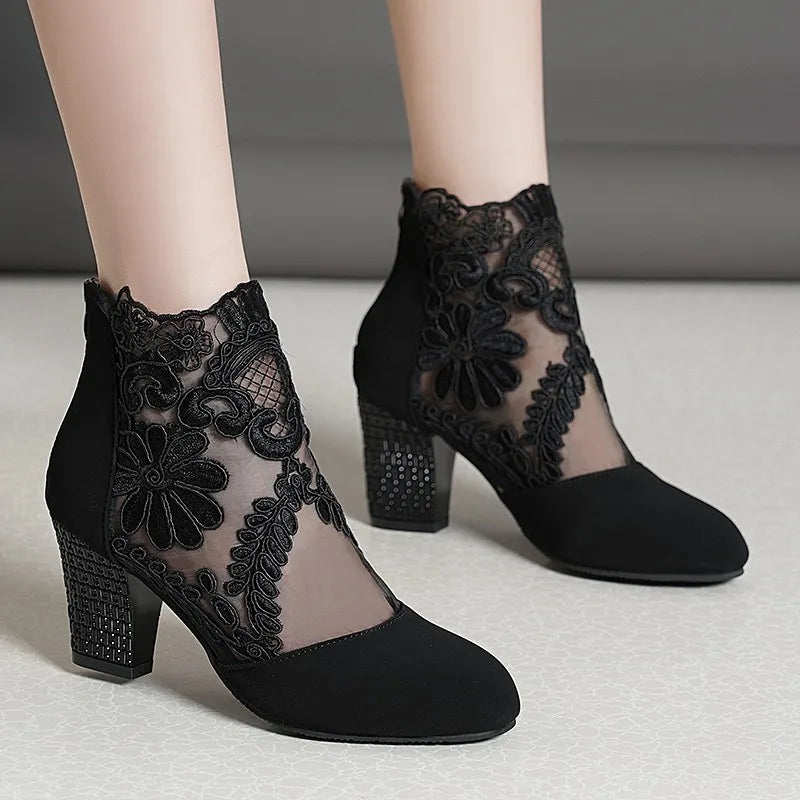 Women's Spring Shoes Ladies Lace Fashion Boots Female High Heels Round Toe Ankle Women Boots Shoes Plus Size