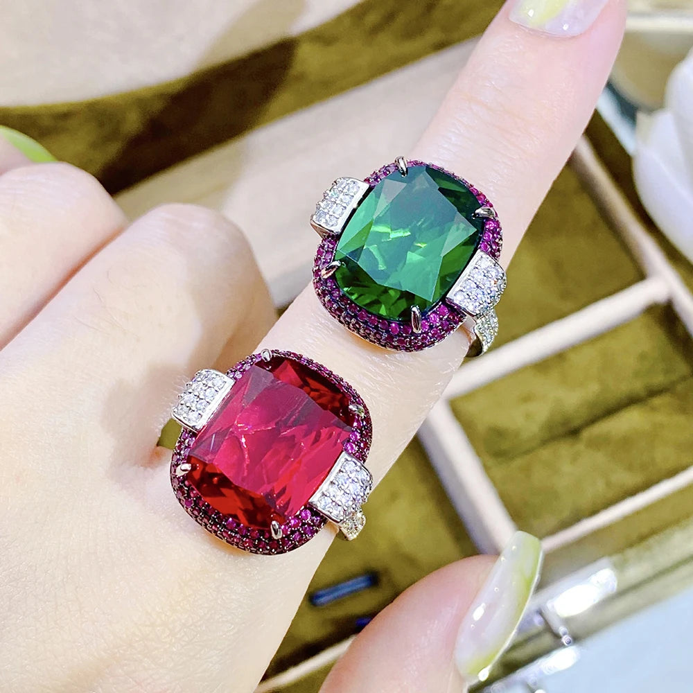 Vintage Silver Color 12*16MM Ruby Emerald Rings for Women Wedding Bands Gemstone Cocktail Party Jewelry Female Anniversary Gifts