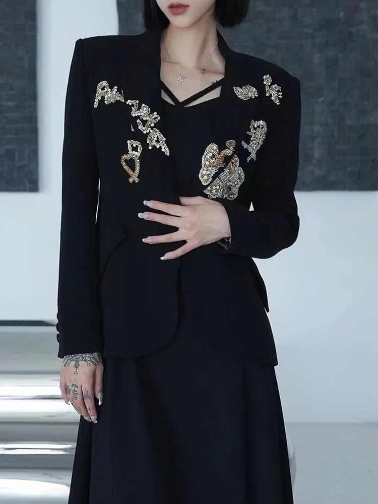 VGH Casual Patchwork Diamonds Solid Blazers For Women Notched Collar Long Sleeve Spliced Button Slimming Blazer Female Fashion