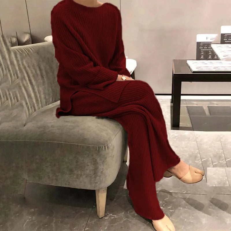 Autumn/winter Fashion Casual O-Neck Pullover Tops Knitted Pant New Homewear Pajama Winter Solid Women Two Piece Set Homewear