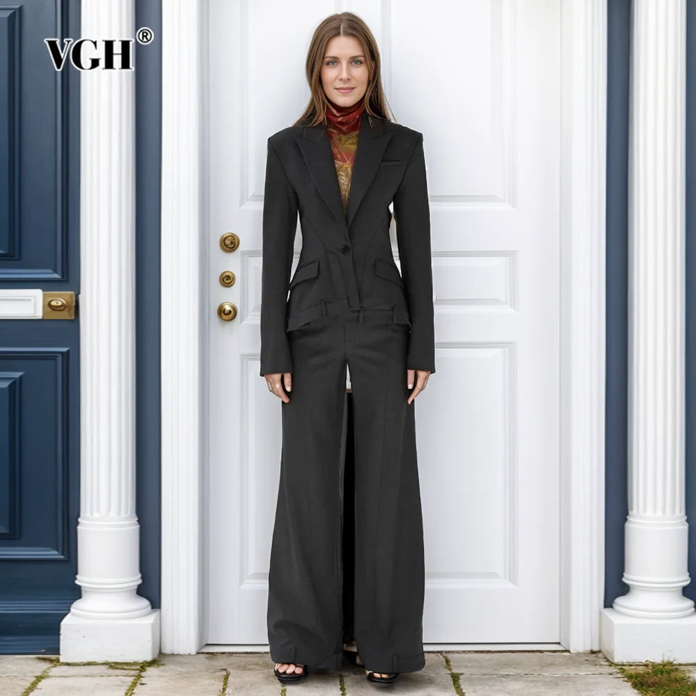 VGH Solid Two Piece Sets For Women Notched Collar Long Sleeve Irregular Blazers High Waist Wide Leg Pants Minimalist Set Female