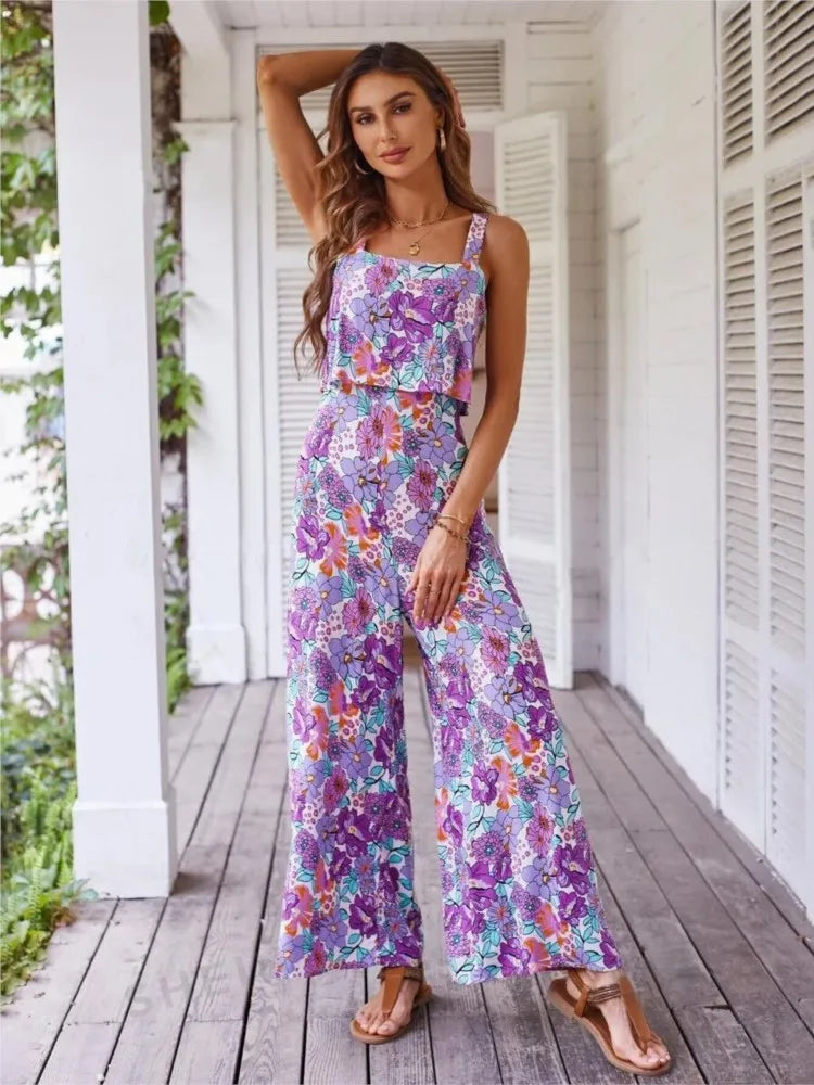 2024 Summer Elegant Long Jumpsuit Women Sexy Backless Wide Leg Casual Sleeveless Floral Rompers Summer Clothes Jumpsuits