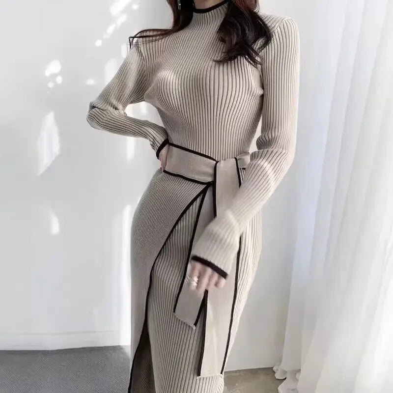 New Retro Knitted Bodycon Dress Women Korean Fashion Autumn Winter Half High Collar Lace Up Elegant Sweater Dresses Vestidos