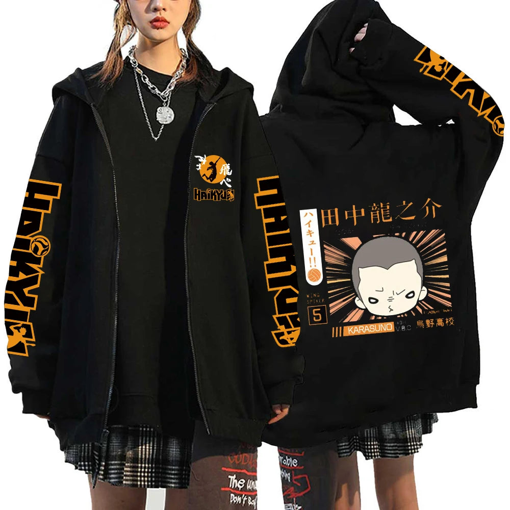 Women Men Anime Hoodie Haikyuu Zip Up Jacket Karasuno High School Plus Size Sweatshirt Harajuku Unisex Autumn Warm Streetwear