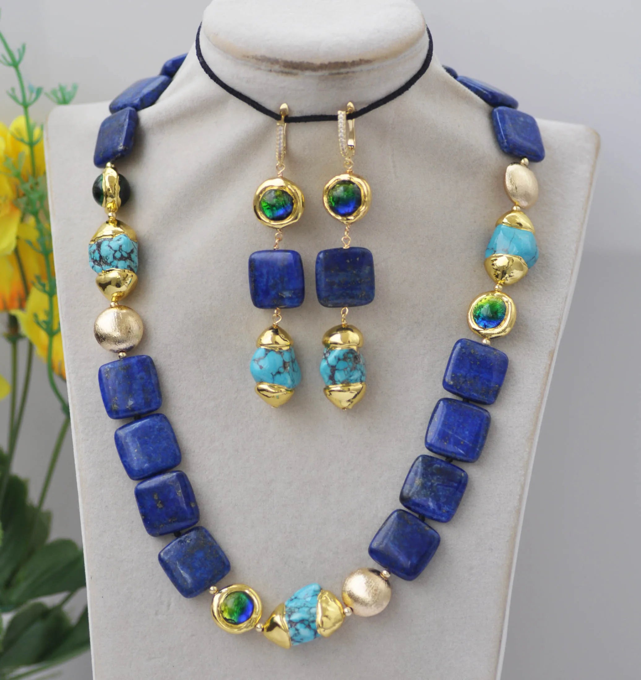 KIMLUD, Z13269 Baroque Turquoise Lapis Lazuli Necklace Earring, All Set, KIMLUD APPAREL - Womens Clothes