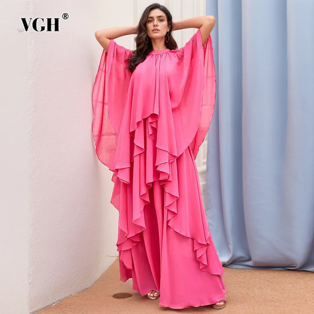 VGH Patchwork Ruffles Loose Dresses For Women Stand Collar Half Sleeve High Waist Autumn Irregular Minimalist Dress Female