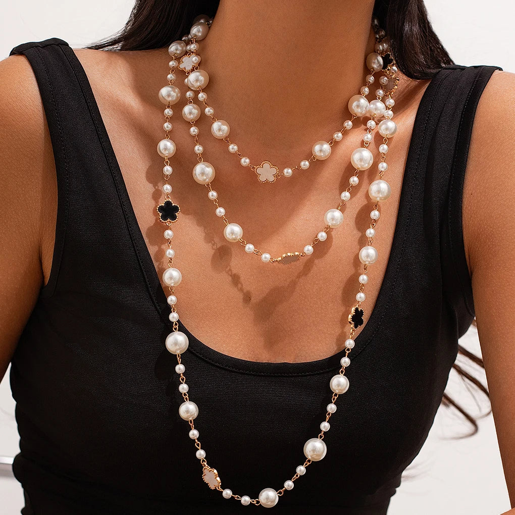 Ingemark Elegant Multilayer Imitation Pearl Choker Necklace for Women Flower Adjustable Long Chain Y2K Jewelry Wed Accessories