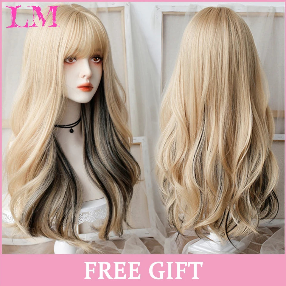 LM Long Natural Wavy Platinum Blonde Pink Wigs with Bangs Cosplay Party Lolita Synthetic Wigs for Women Heat Resistant Fiber