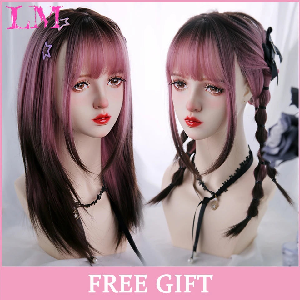 LM Long Natural Wavy Platinum Blonde Pink Wigs with Bangs Cosplay Party Lolita Synthetic Wigs for Women Heat Resistant Fiber