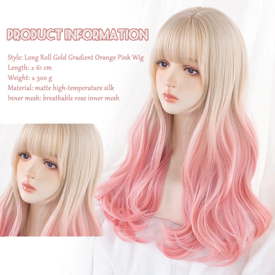 LM Long Natural Wavy Platinum Blonde Pink Wigs with Bangs Cosplay Party Lolita Synthetic Wigs for Women Heat Resistant Fiber