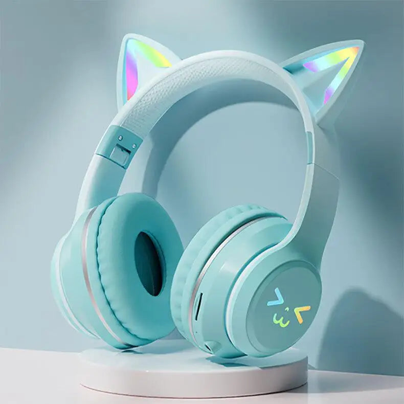 Gradient wireless Headphones RGB cute cat ear Bluetooth Earphones with microphone Stereo Music Game Earphone Girls Kids Gifts