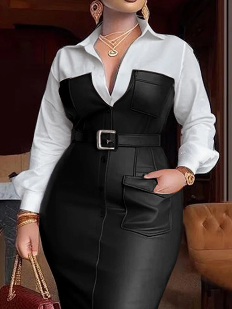 Womens Shirt Collar Dresses New Autumn Buttons Long Sleeve PU Leather Patchwork Pocket Skinny Belted Lapel Female Midi Dress