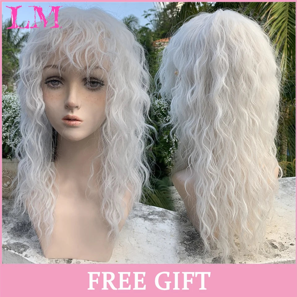 LM Long Natural Wavy Platinum Blonde Pink Wigs with Bangs Cosplay Party Lolita Synthetic Wigs for Women Heat Resistant Fiber