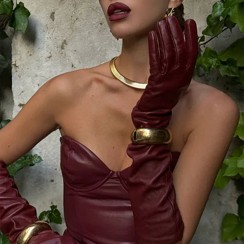 Sexy Woman Strapless Burgundy Slim Leather Long Dress Elegant Back Lace Up Side Slit Sleeveless Dresses 2025 Evening Party Robe