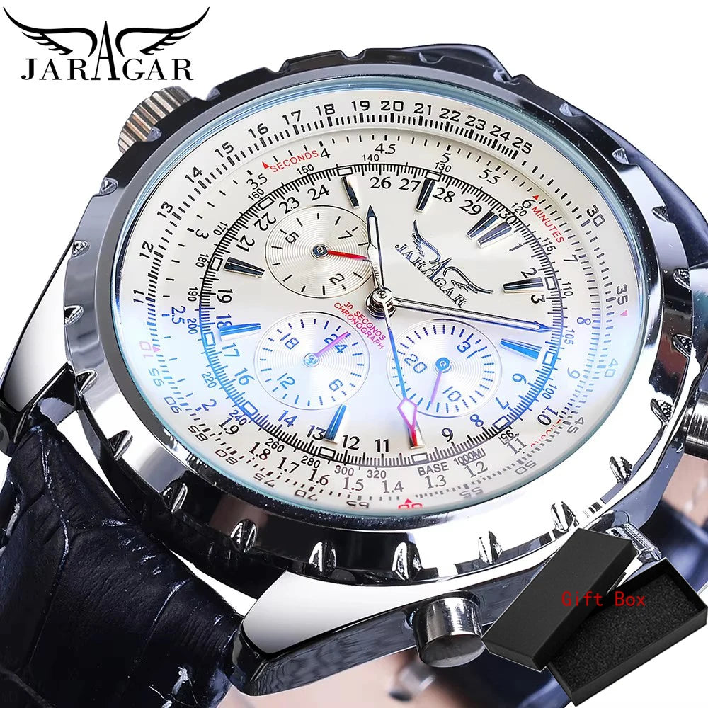 Fashion Jaragar Top Brand Leather Automatic Mechanical Calendar Business Watches Pilot Design Men's Wrist Watch Male