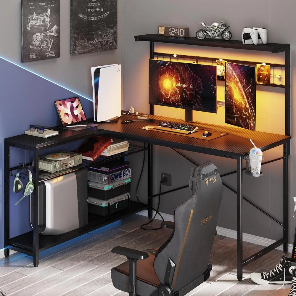 L Gaming Desk,Computer Desk with Power Outlets, LED Lights, Reversible Corner Desk 4-Tier Shelves,Cup Holder