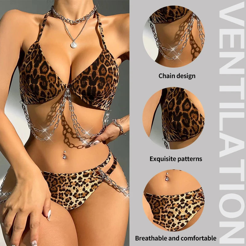 KIMLUD, Two Piece Women's Leopard Print Bikini Lingerie Set Women's Printed Leopard Print with Chain Triangle Cut Sexy Lingerie Set, KIMLUD Womens Clothes