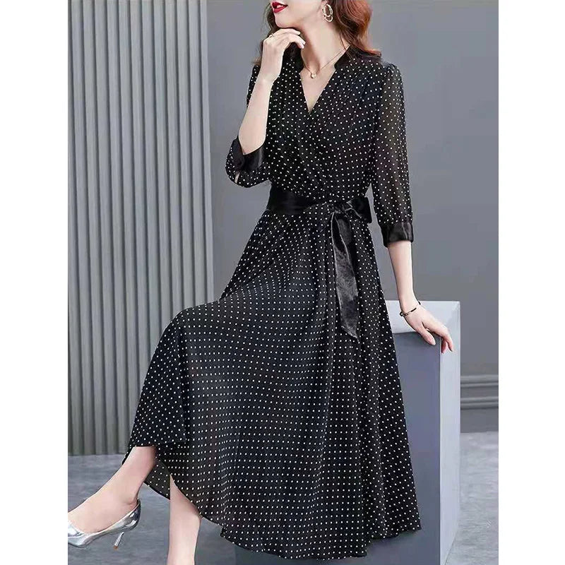 Elegant V-Neck Spliced Loose Bandage Bow Polka Dot Midi Dress Women Clothing 2023 Autumn New Oversized Office Lady Floral Dress