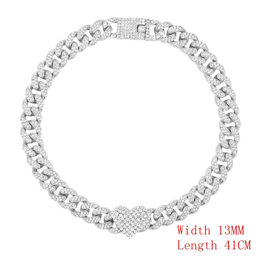 Crystal Heart Cuban Link Chain Necklace for Women 15mm Bling Full Rhinestones Paved Heart Tennis Chain Necklace Hip Hop Jewelry