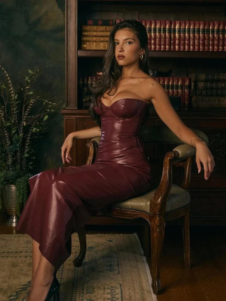 Sexy Woman Strapless Burgundy Slim Leather Long Dress Elegant Back Lace Up Side Slit Sleeveless Dresses 2025 Evening Party Robe