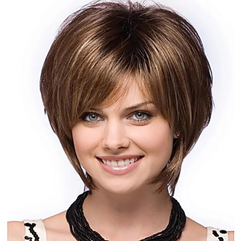 KIMLUD, HAIRJOY Women Straight Bangs Style Pixie Cut Synthetic Hair Wig Brown Mixed Short Wigs Machine Made, KIMLUD Womens Clothes