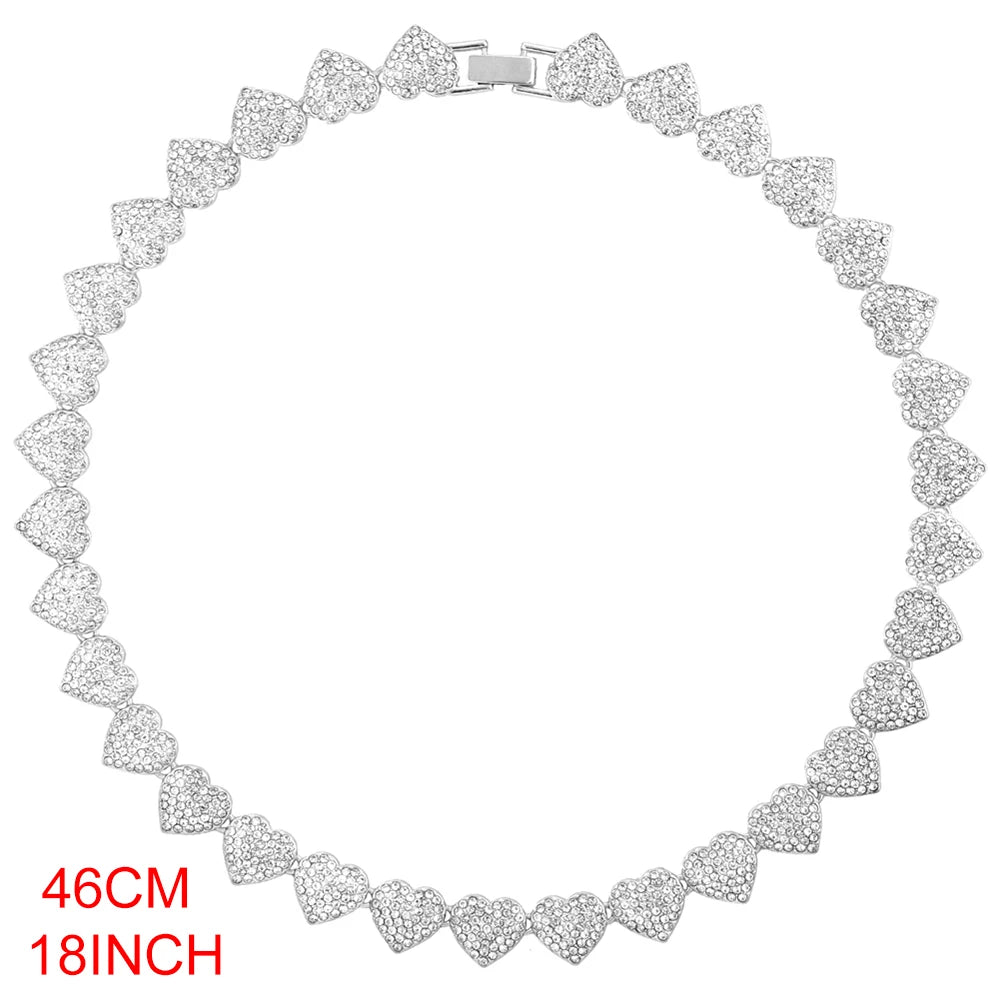 Crystal Heart Cuban Link Chain Necklace for Women 15mm Bling Full Rhinestones Paved Heart Tennis Chain Necklace Hip Hop Jewelry