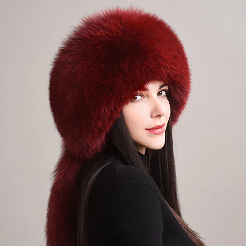 KIMLUD, 2024 Hot Sale Winter Women Fox Fur Hat Fluffy Soviet Female Outdoor Warm Cap Snow Fur Hats 5 tails Real Fox Fur Cold Bomber Hats, wine red / Suitable everyone, KIMLUD APPAREL - Womens Clothes