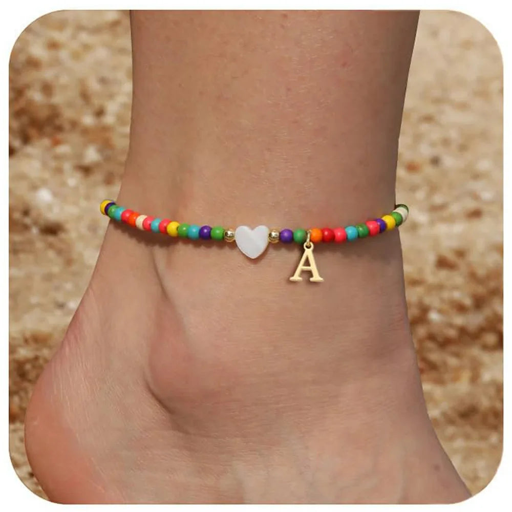 KIMLUD, Rainbow Round Beads Anklet Stainless Steel Love Heart 26 Letters A-Z Pendant Anklets For Women Boho Gold Color Ankle Bracelet, A, KIMLUD APPAREL - Womens Clothes