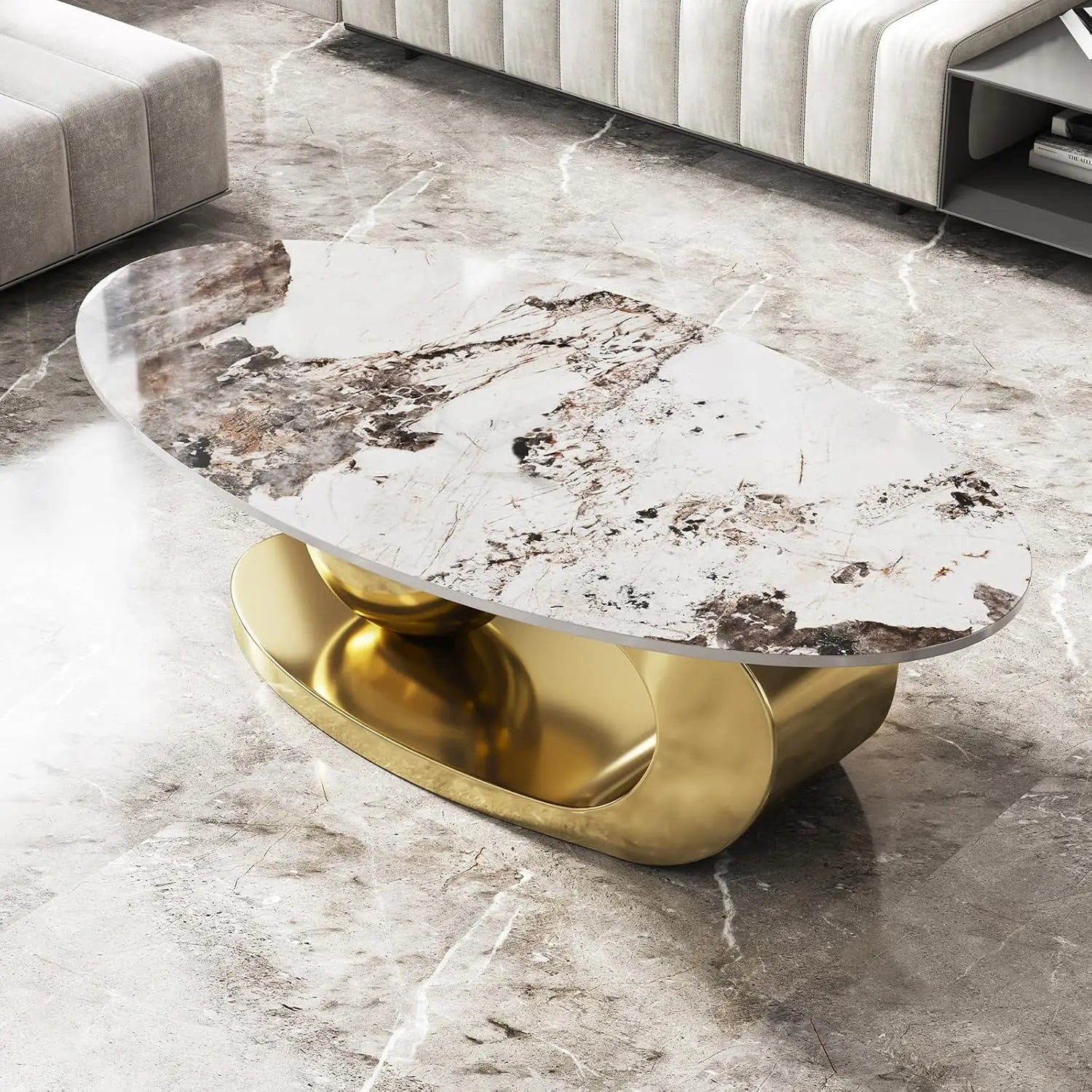 51" Lx28 Wx16.5 H.Modern Oval Stone Coffee Table with Abstract Gold Metal Base - Perfect Centerpiece for Stylish Living Rooms-Go