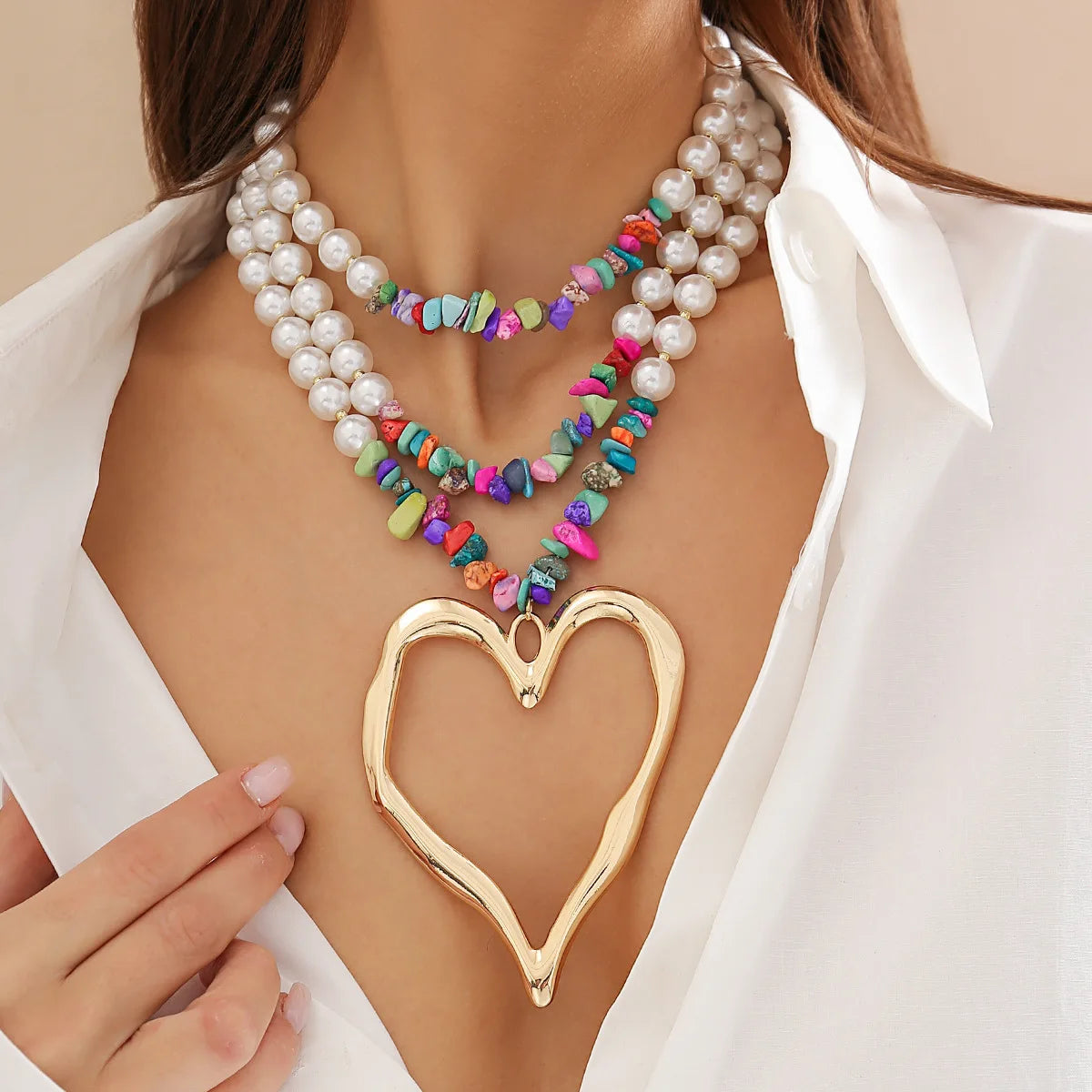 European and American Jewelry Exaggerated Retro heart Necklace for women Personality Beaded Turquoise Imitation Pearl necklaces