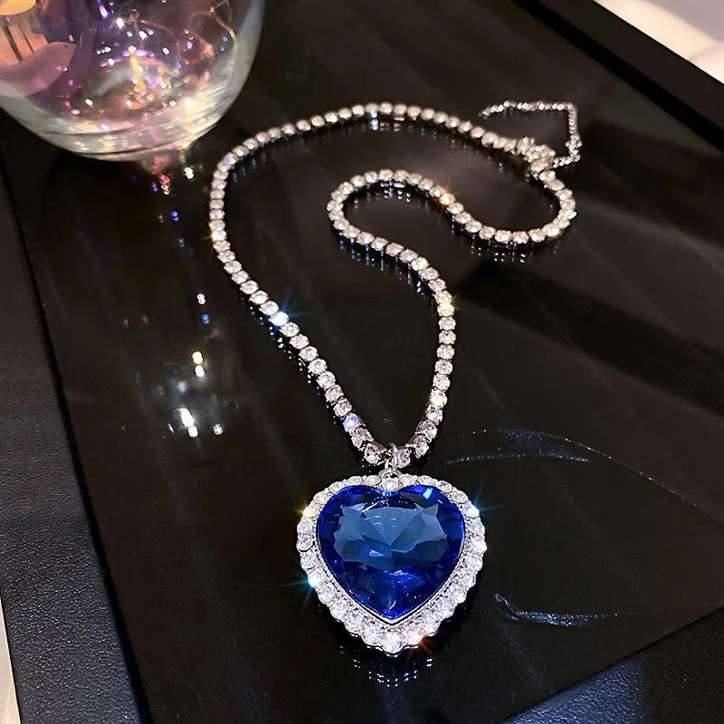 Heart of Ocean Blue Heart Necklaces for Women Rhinestone Crystal Long Chain Necklaces Love Forever Jewelry For Party Gifts