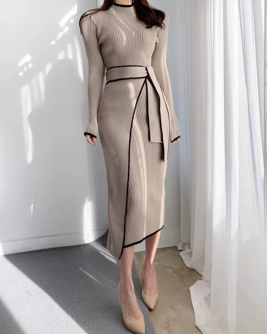 YuooMuoo Elegant Lace Up Turtleneck Knitted Long Dress Korean Fashion Khaki Black Rib Bandage Bodycon Sweater Dress Robe Femme