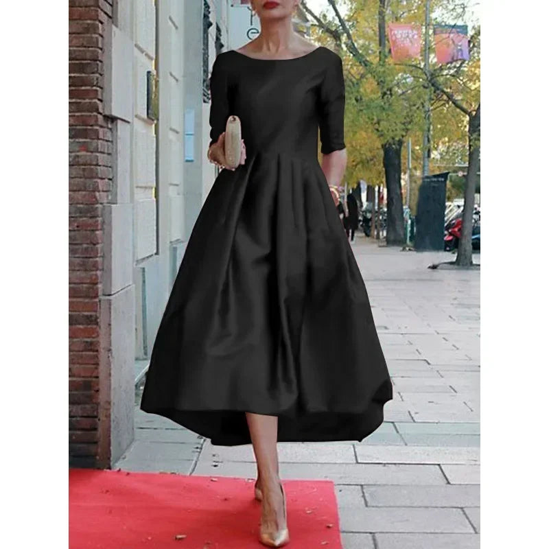 UOOZEE Women's Elegant Banquet Evening Midi Dresses 2024 New Autumn Half Sleeves Pleated Solid Color Party A-Line Dress