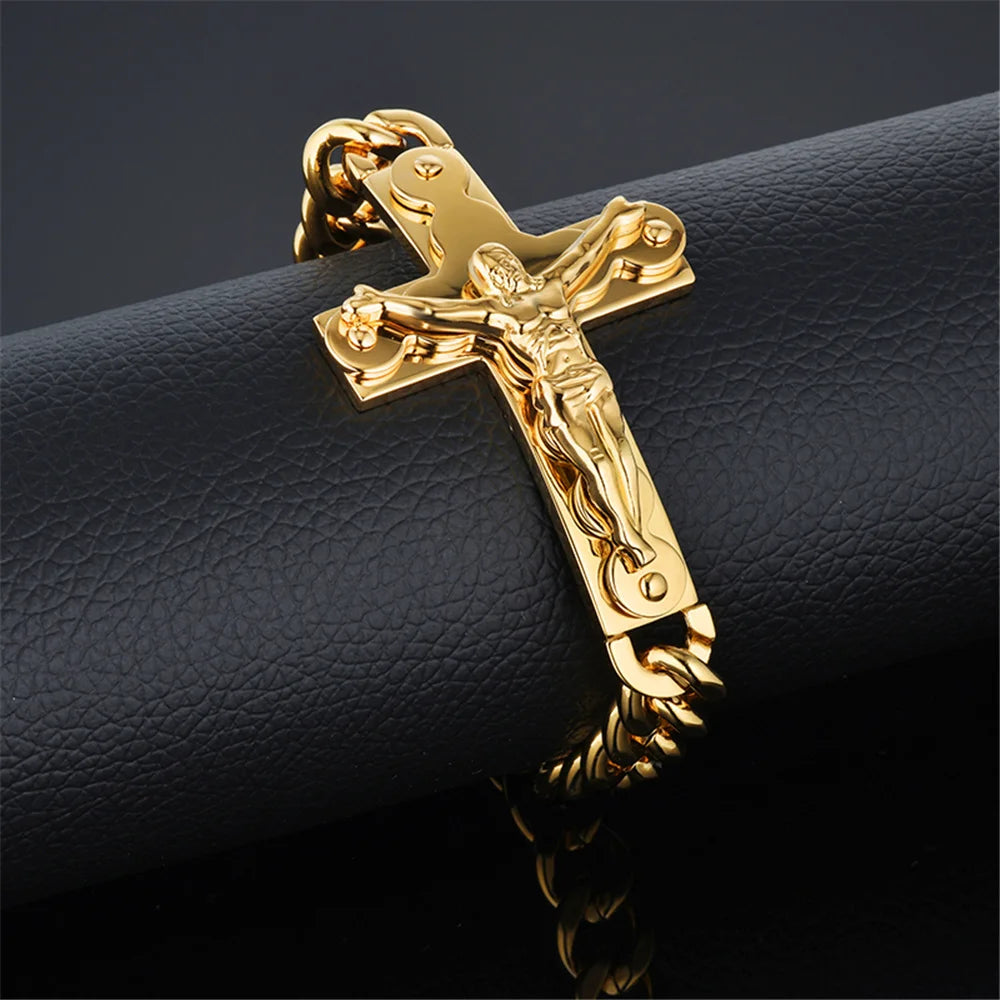 Jesus Cross Men's 316L Stainless Steel Bracelet Male Wholesale pulseira Mens Braclets Gold Color Wrist Bracelets For Men Jewelry