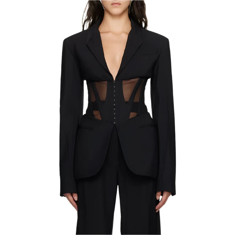 VGH Solid Patchwork Sheer Mesh Tunic Blazers For Women Notched Collar Long Sleeve Spliced Pockets Slimming Blazer Female Style