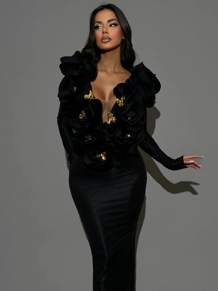 Chic Women Celebrity Sexy Deep V Neck Flower Black Maxi Long Bandage Bodycon Dress 2025 Elegant Evening Club Party Outfit