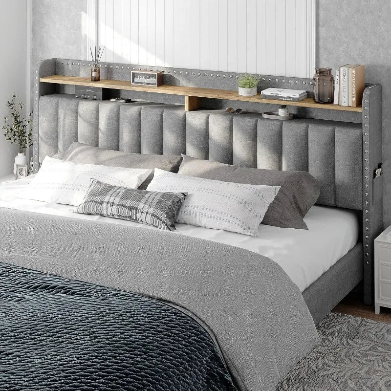 KIMLUD, King Size Bed Frame with Storage and Headboard, Upholstered King Bed Frame with Storage, Grey King Bed Frame with 2 Drawers, KIMLUD Womens Clothes
