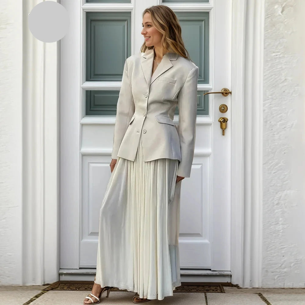 VGH Temperament Two Piece Sets For Women Notched Collar Long Sleeve Blazers High Waist A Line Pleated Skirts Elegant Set Female