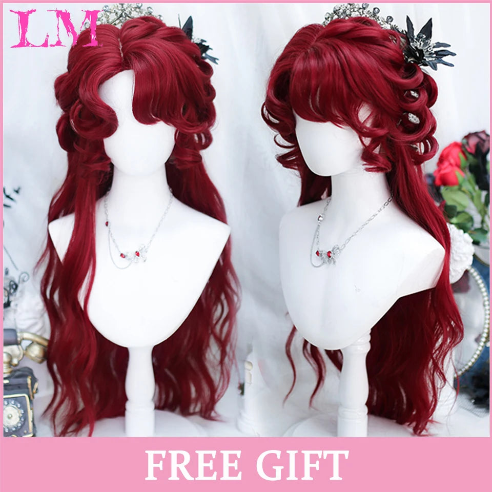 LM Long Natural Wavy Platinum Blonde Pink Wigs with Bangs Cosplay Party Lolita Synthetic Wigs for Women Heat Resistant Fiber