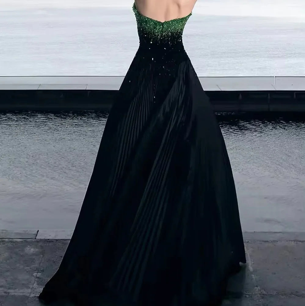 customizedJersey Sleeveless Strapless Floor Length A-LineEvening Dress Sweep Train Sequined and Crystal Formal Photo Color Prom