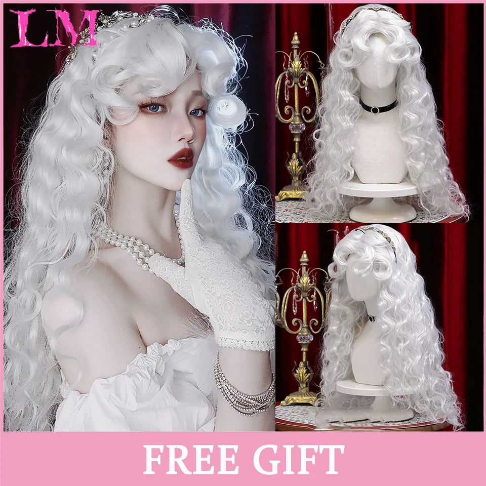 LM Long Natural Wavy Platinum Blonde Pink Wigs with Bangs Cosplay Party Lolita Synthetic Wigs for Women Heat Resistant Fiber