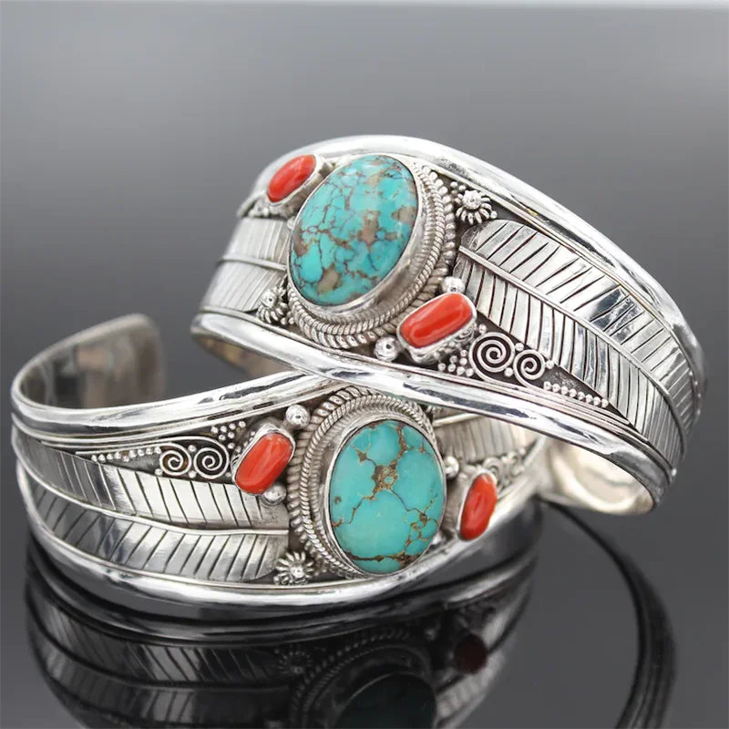 KIMLUD, Antique Silver Color Leaf Red Blue Natural Stone Bracelet Bangle for Women Simple Open Bracelet Bohemian Luxury Woman Jewelry, KIMLUD Womens Clothes