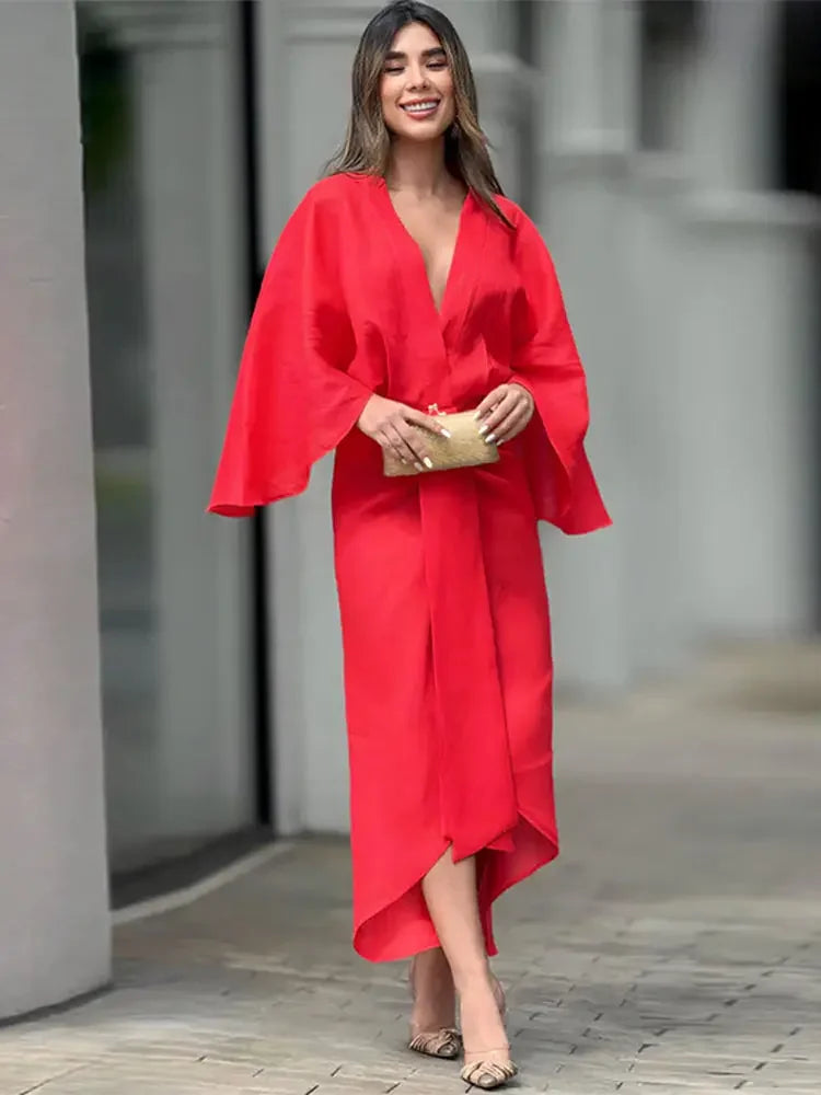 V-neck Long Flare Sleeves Pleated Midi Dress Women Casual Loose Irregular Hem Robes 2024 New Fashion Lady Party Prom Vestidos