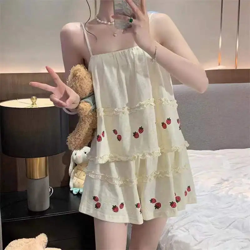 KIMLUD, Pajama Sets Women Summer Thin Sweet Cute Strawberry-print Fungus Edge Sleeveless Kawaii Student All-match Leisure Elegant Tender, KIMLUD Womens Clothes