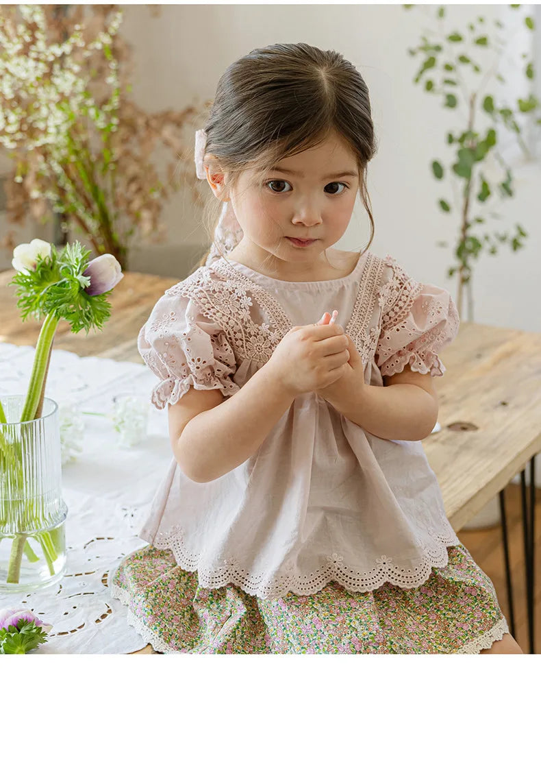 Blouses Summer Korea Girls Children Clothing Sweet Lovely Cotton Puff Sleeve Short Sleeved Shirt 2024 Simple Fashion