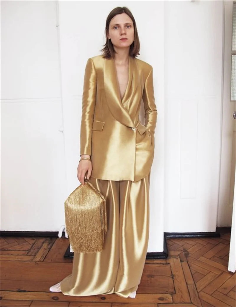 KIMLUD, Gold Silk Satin Women Suits Office Set For Wedding Tuxedo 2 Pcs Loose Blazer+Wide Leg Pant Formal Party Prom Evening Customized, Gold / US size 2, KIMLUD APPAREL - Womens Clothes