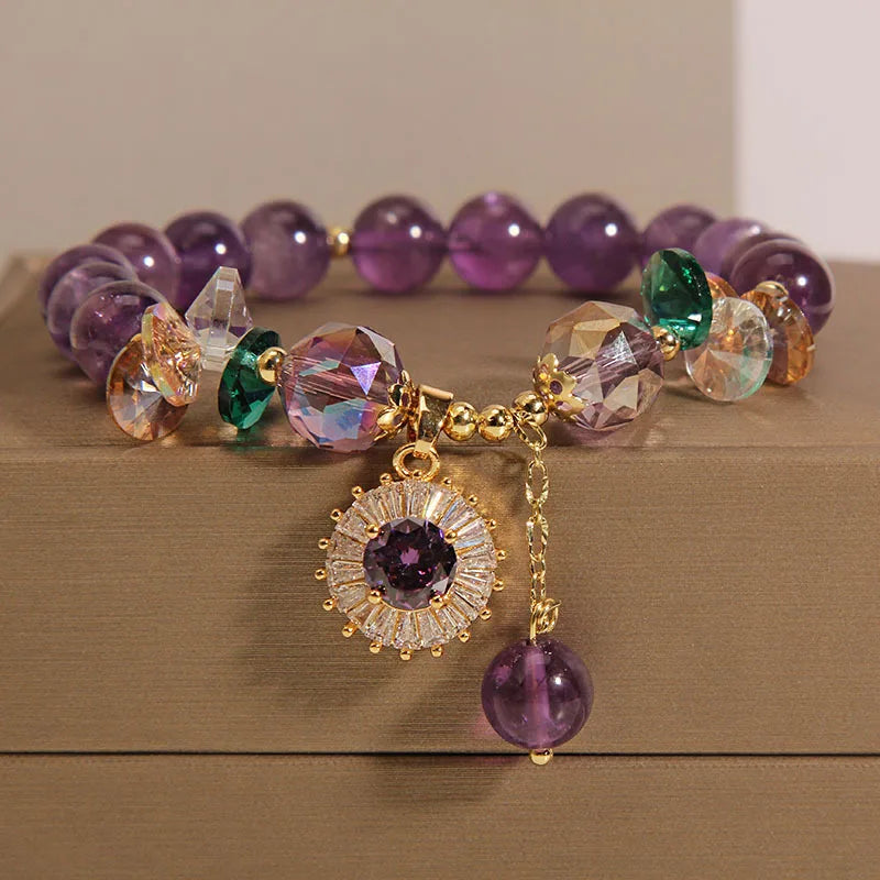 Natural Amethyst Bracelet  Women's Light Luxury Wishing Lucky Cat Beaded Pendant Hand Chain Best Friend Bangles Jewelry Gift